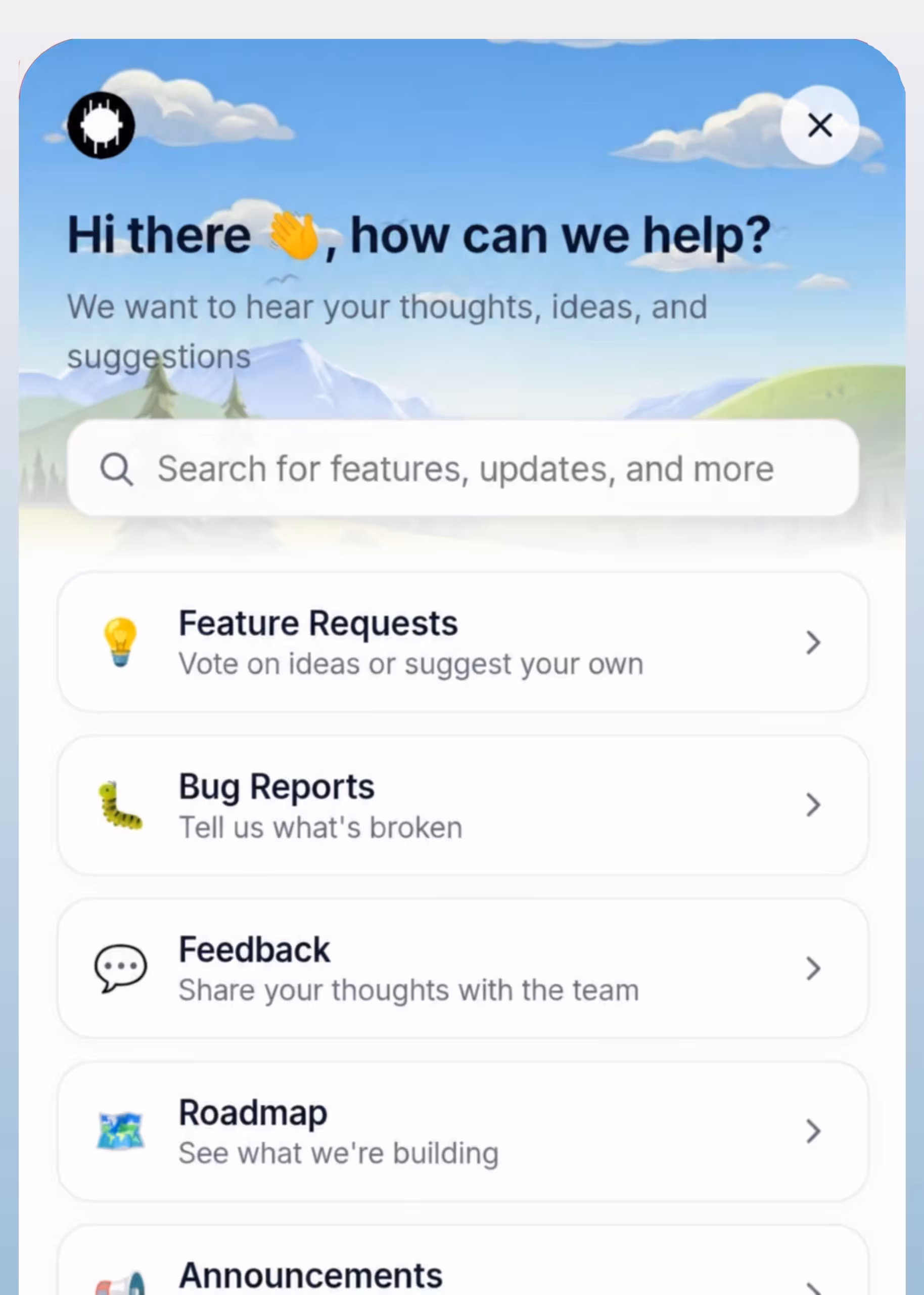 Customised Owtrue Hub widget with a gradient header and section cards